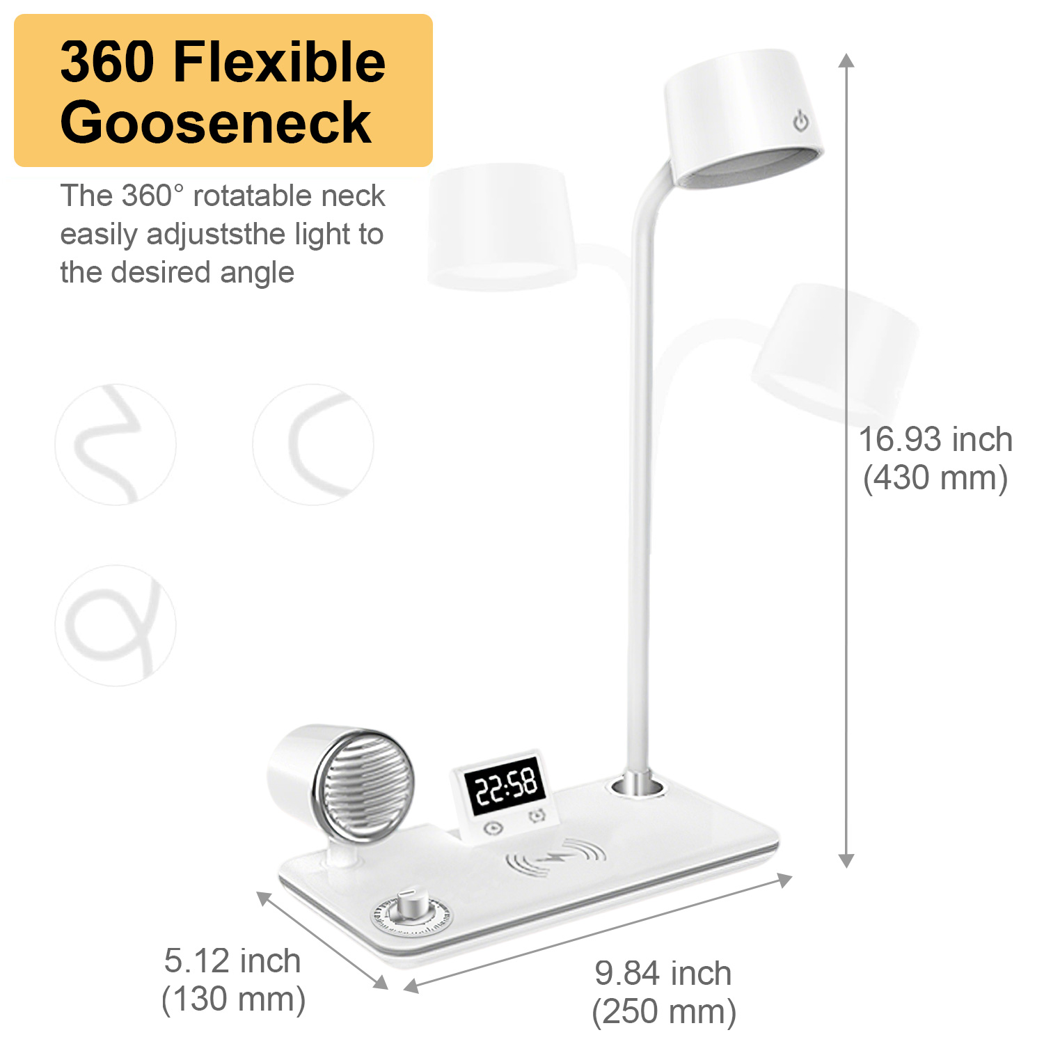 LED Desk Lamp, 4 in 1 Multifunction Table Lamp with Wireless Charger, Bluetooth Speaker Digital Clock, 360° Adjustable Gooseneck Arm with 3 Color Modes Dimmable Lamp for Home Office Bedroom, White