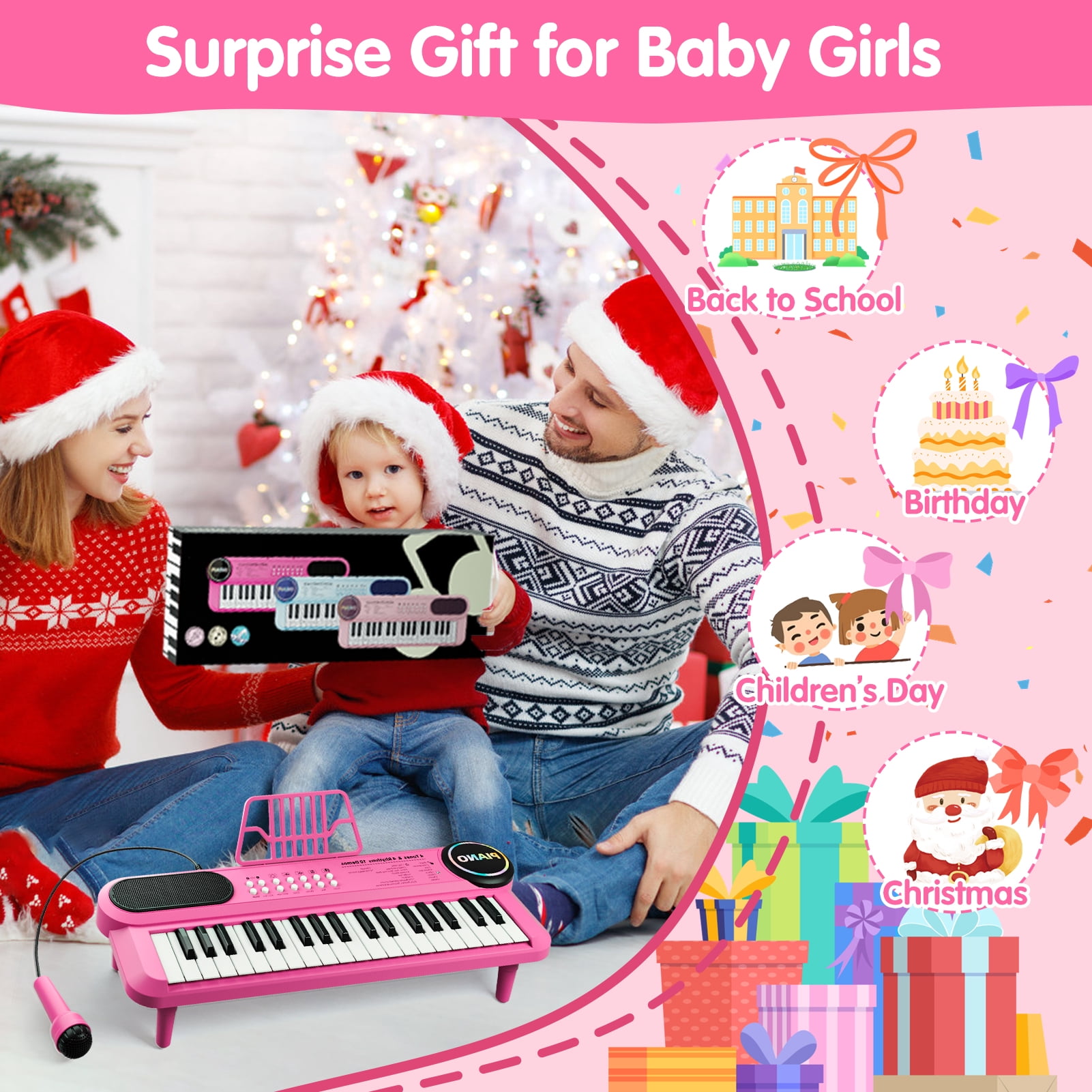 37 Keys Piano Toy for 1 2 Year Old Kids,Piano Keyboard for Toddler 1-3, with Microphone,Birthday Gifts for 3 4 5 Year Old Girls