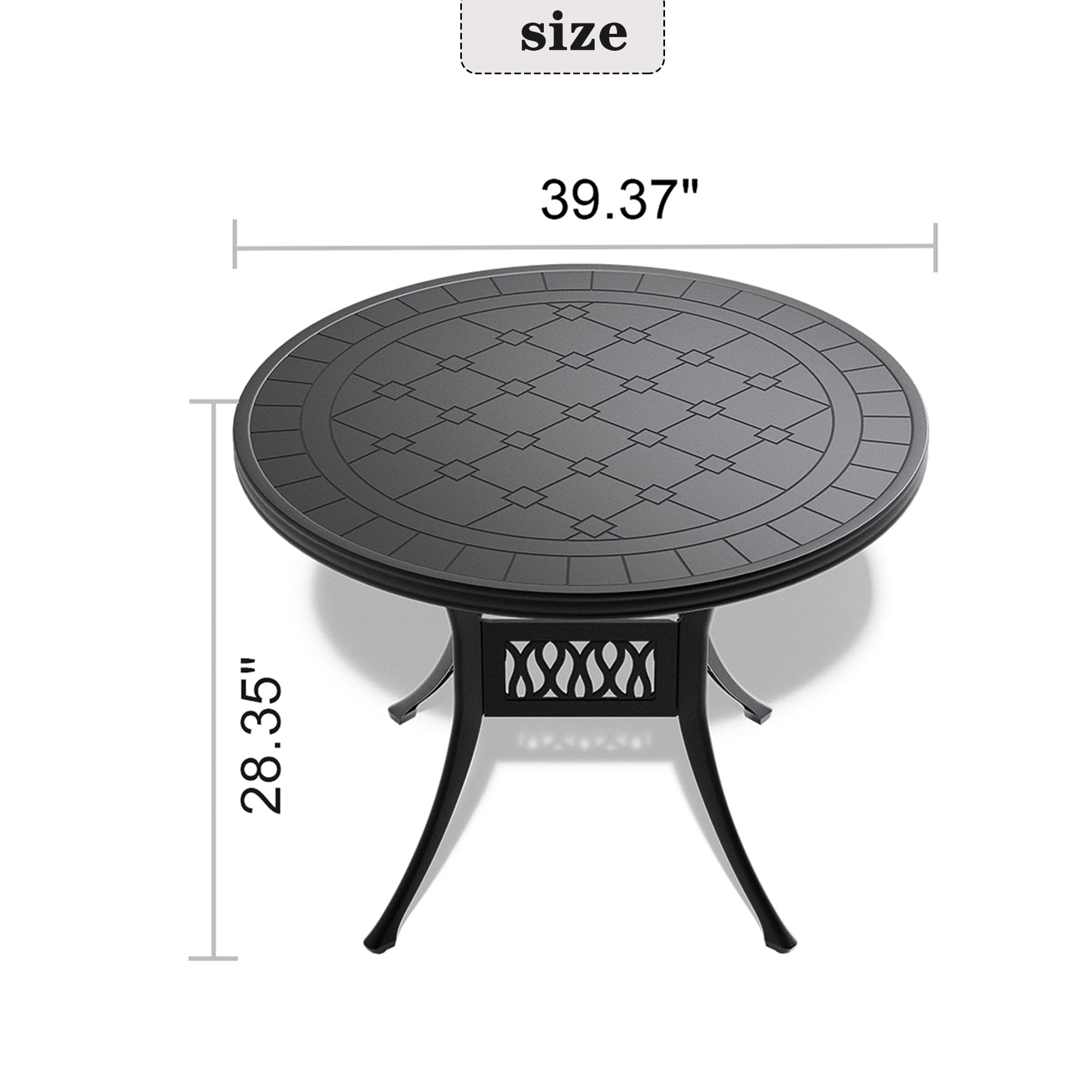 Round Cast Aluminum Patio Dining Table with Black Frame and Carved Texture for Garden Deck, Black