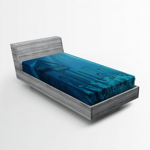 Ambesonne Ocean Fitted Sheet, Sun Rays over Ruins Sea, Twin XL Size, Teal
