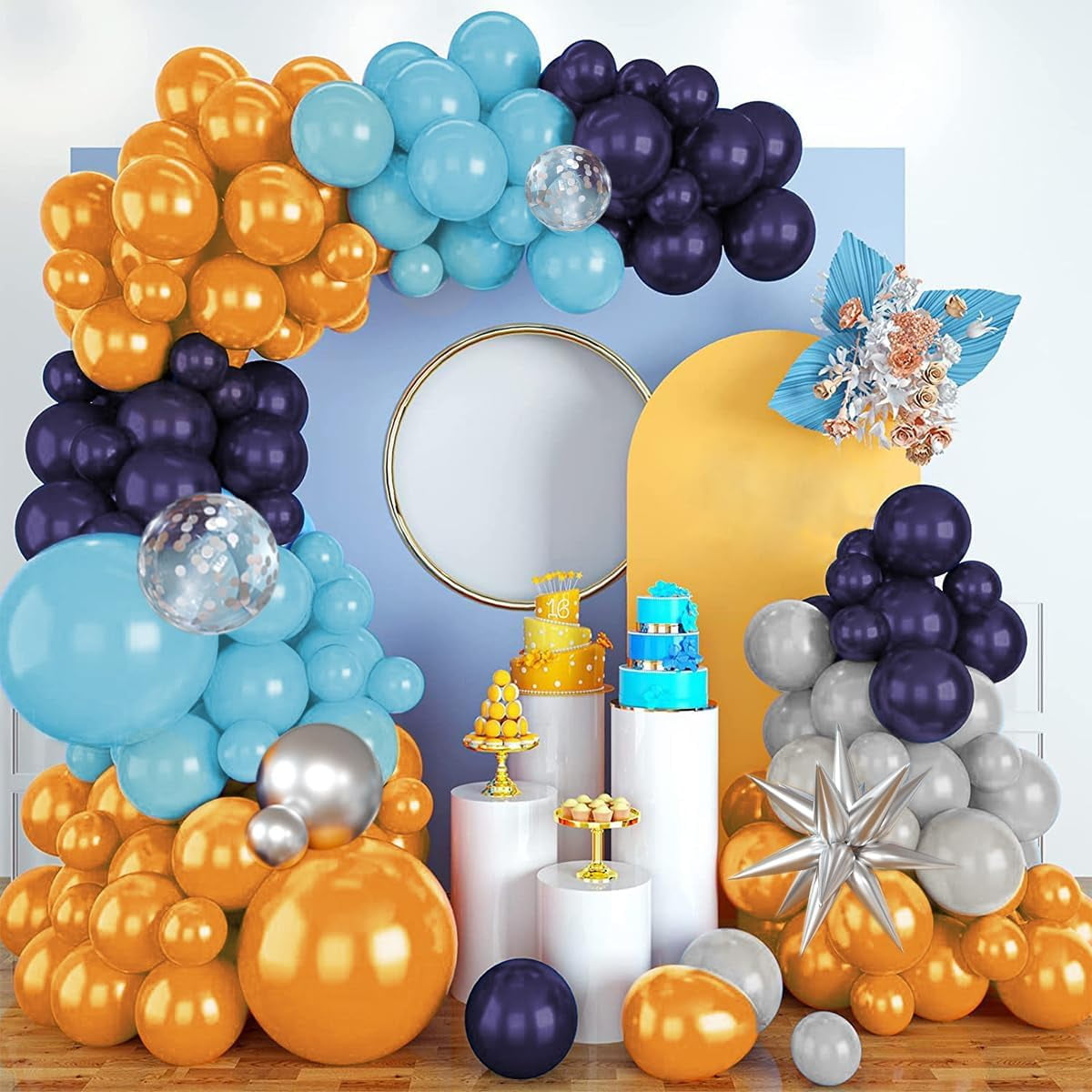 Blue Yellow Gray Balloon Garland Arch Kit, 156Pcs Pastel Navy Blue Dusty Grey Lemon Yellow Metallic Silver Balloons with Exploding Star for Baby Shower Wedding Birthday Lemonade Honeybee Party