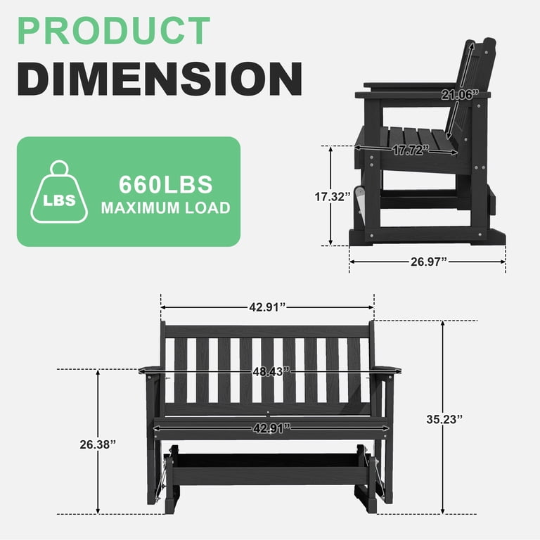 SERWALL 2-Person Glider Bench, HDPE Black photo 3