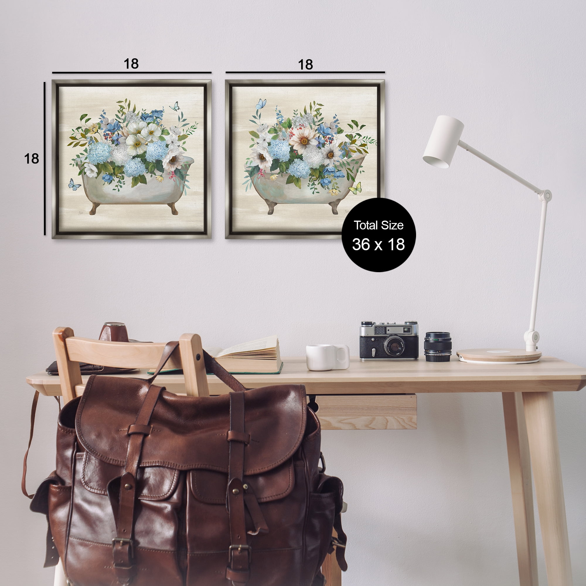 Stupell Industries Butterfly Hydrangea Bathtub Bath & Laundry Painting Gray Floater Framed Canvas Art Print Wall Art, 18 x 18, Set of 2