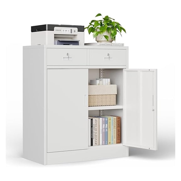 Metal Storage Cabinet, Locking Storage Cabinet with Doors and 2 Drawers, Metal Cabinets for Office/Home/Garage 36" H x 32" W x 16" D (White)