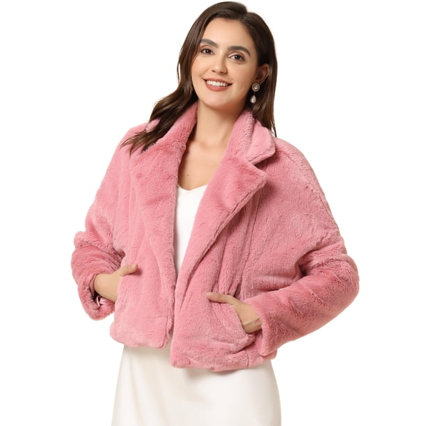 INSPIRE CHIC - Chaqueta corta para mujer con solapa de muesca y piel sintética esponjosa Rosa XS
