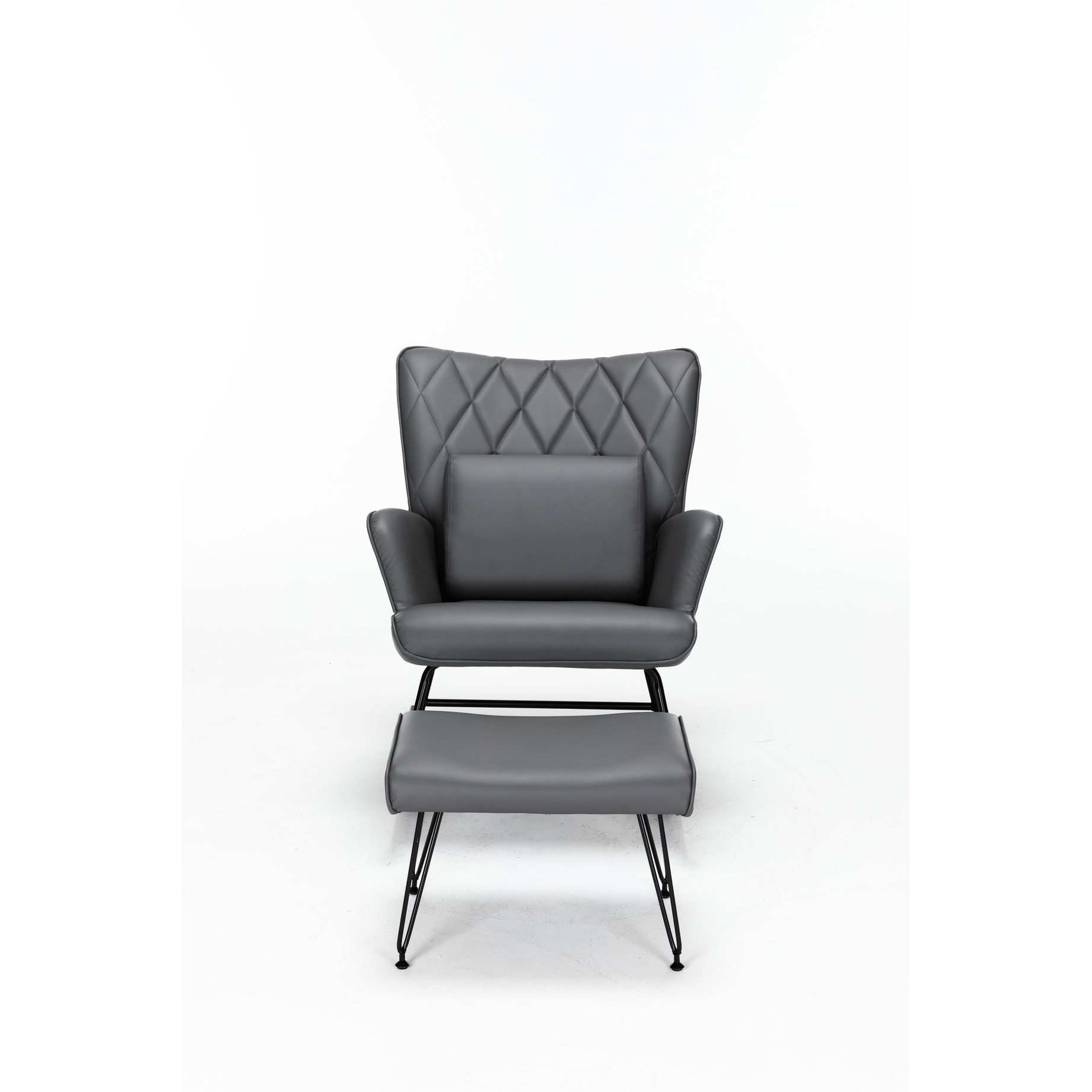 Grey PU Rocking Chair with Lumbar Pillow and Ottoman / Comfortable Seating for Nursery, Living Room or Bedroom