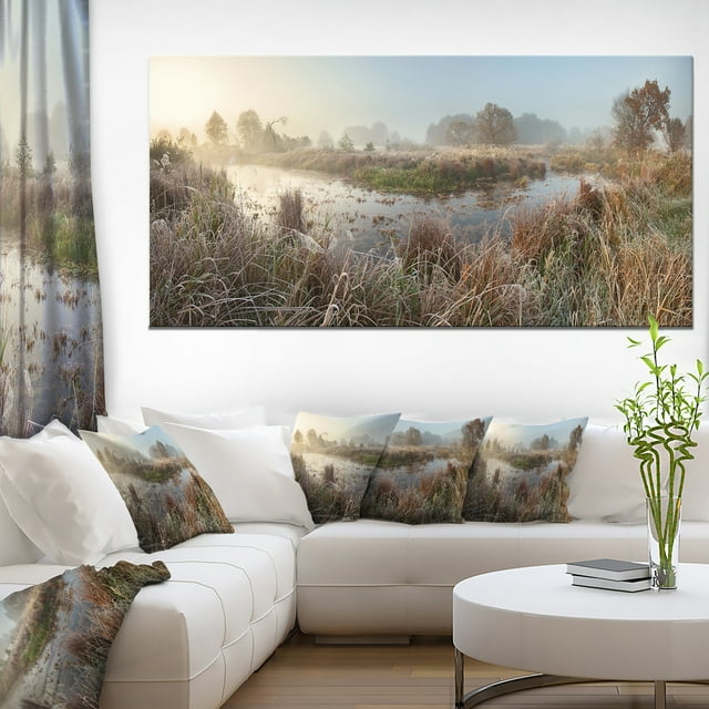 Frosty Grass Aside River Panorama