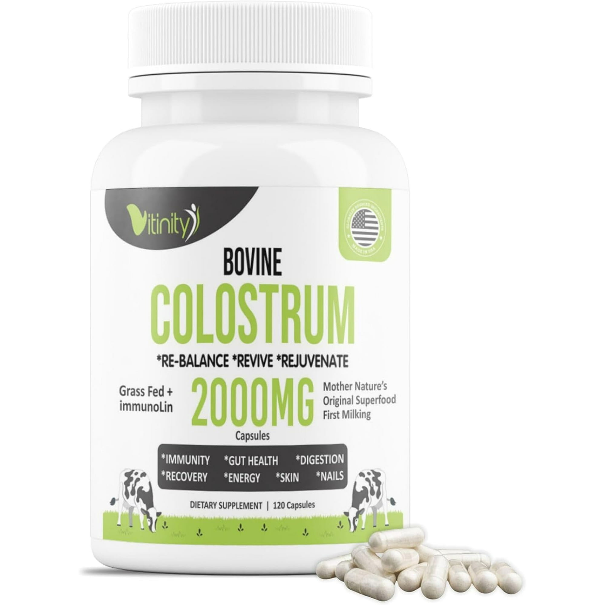 VITINITY Grass-Fed Bovine Colostrum Capsule – IgG Colostrum Supplement with Prebiotics & Probiotics for Gut Health, Immune Support, Muscle Recovery & Wellness | Pure Superfood, Unflavored (120 Count)