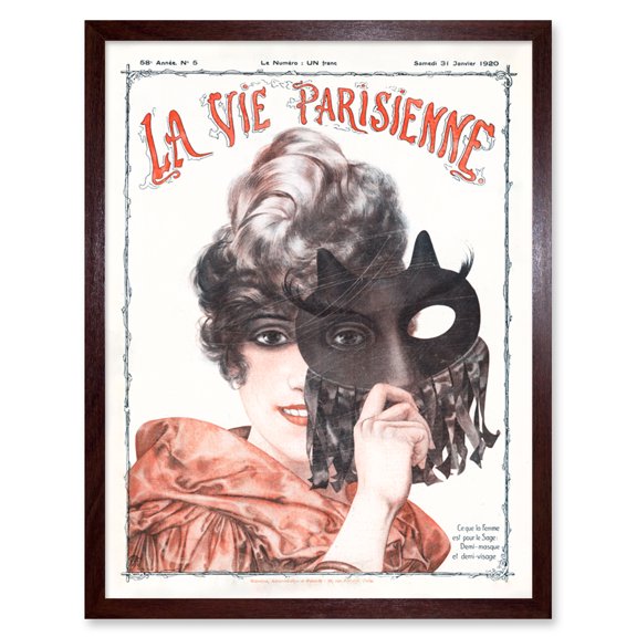 Vintage French Fashion La Vie Parisienne Half Mask Wise Woman Magazine Cover Art Print Framed Poster Wall Decor 12x16 inch