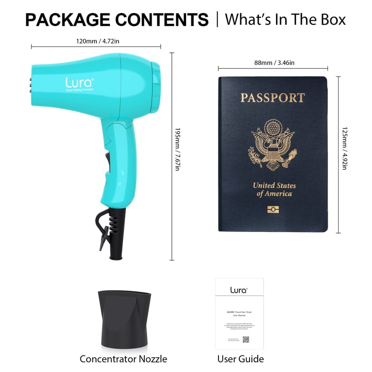 Lura, Travel Hair Dryer, Dual Voltage Mini 1200W Folding Handle