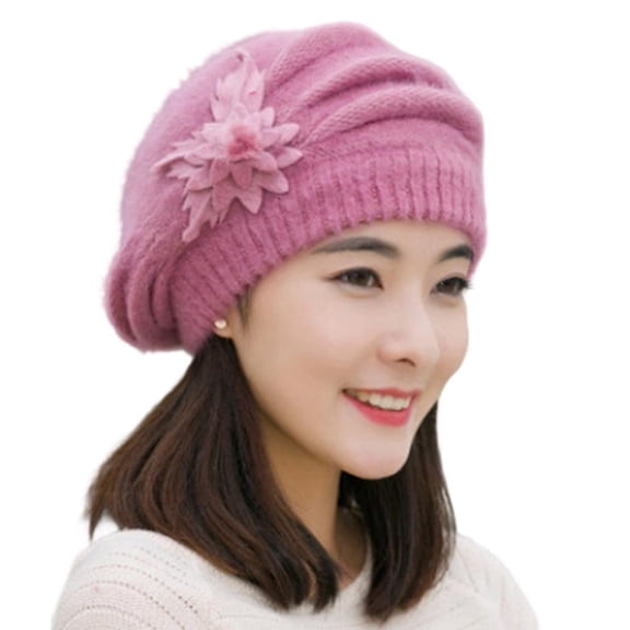 Weflink Elegant Flower Decors Knitted Cap Thickened Rabbit Furs Pullover Hat for Cold Weather Warm Headwear For Office Women