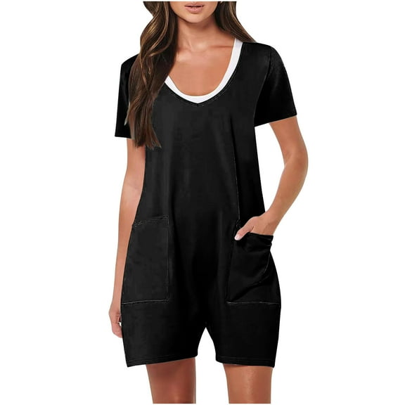 Penkiiy Women's Summer Casual Rompers Sleeveless Loose Spaghetti Strap Short Jumpsuits Overalls Trendy Outfits With Pockets XL Black
