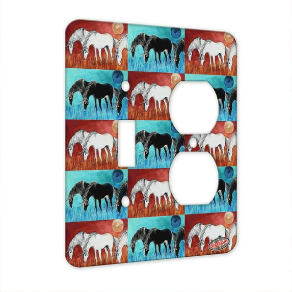 KuzmarK™ 2 Gang Single Toggle / Single Duplex Wall Plate - Three Unicorns with Full Moon Fantasy Horse Pattern Art by Denise Every