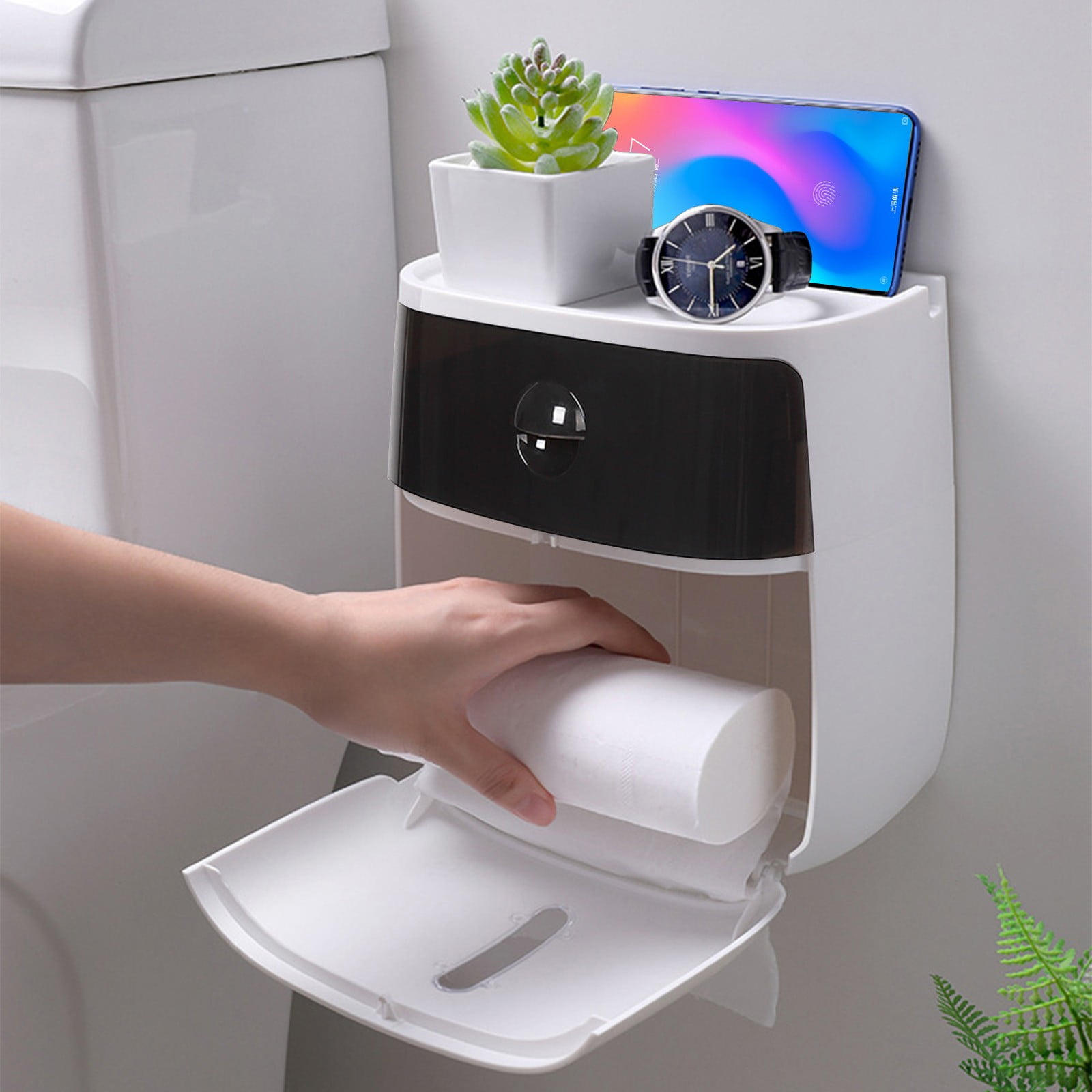 Sensor Tissue Dispenser, Automatic Paper Towel Holder, Wall Mounted Bathroom Organizer with Transparent Window, White Plastic for Kitchen and Office
