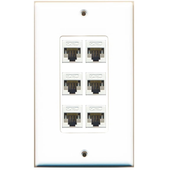 RiteAV 1 Gang 6 Port Cat5e Wall Plate Oversized White