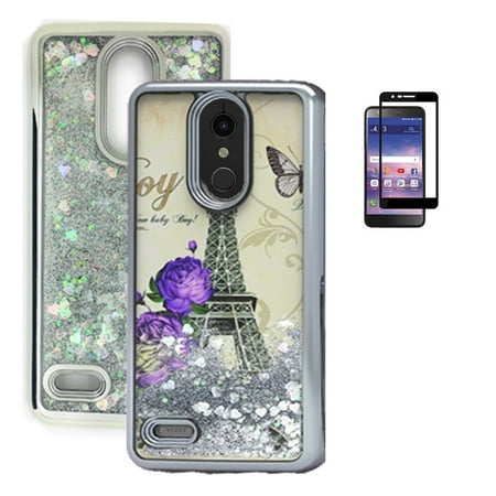 Silver Protective Case (LG Phoenix Plus (AT&T), LG Premier Pro LTE Case, LG K30 Case (T-Mobile), LG K10 (2018) Case, Chrome Liquid Glitter TPU Protective Cover Case with Tempered Glass Screen Protector (Silver-)