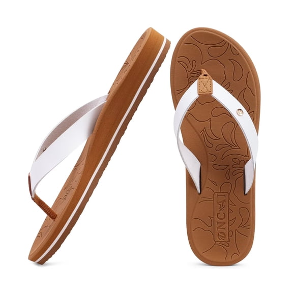 ONCAI Womens Flip Flops for Women Arch Support Yoga Mat Summer Beach Leather Woman Dressy Thong Sandal for Women 2026 with Plantar Fasciitis Walking Ladies Thong Sandal Outdoor White/Khaki Size 8