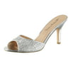 Womens Silver Dress Sandals Rhinestones Slides Shoes Glitter 3 1/4 Inch Heels