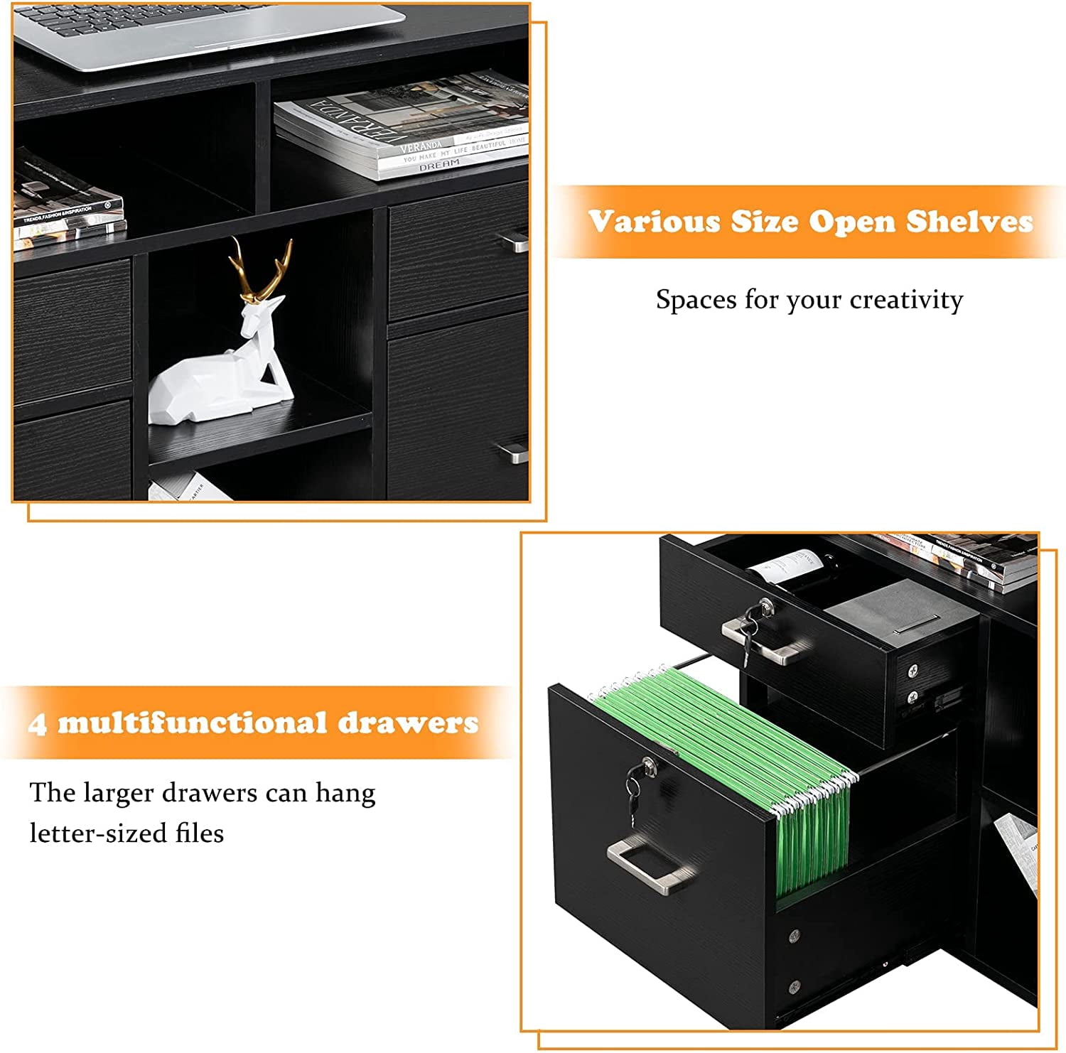 VINGLI Rolling 4-Drawer File Cabinet with Lock and Shelves, Wood Lateral Filling Printer Stand for Home Office, Black