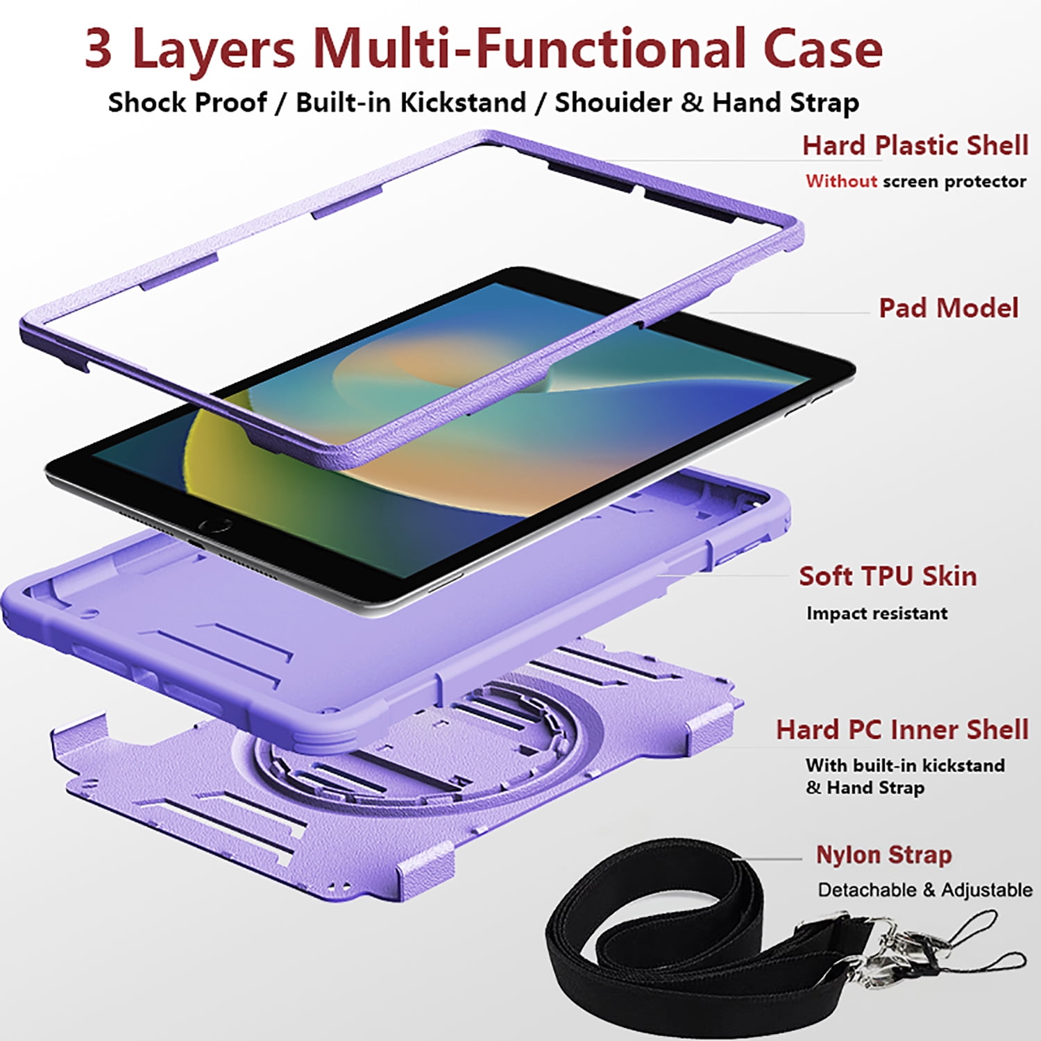 Shockproof Case for Apple iPad 9th/8th/7th Generation, with Pencil Holder Military Grade Protection Rotating Stand Hand Strap Shoulder Strap Bumper Rugged Case for iPad 10.2" 2021/2020/2019, Purple
