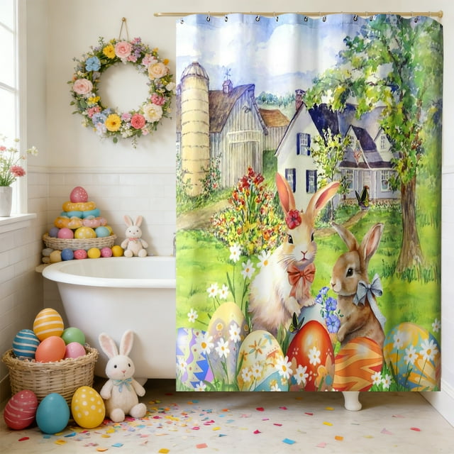 CaiYueKe Rideau de Douche de Pâques Imperméable en Polyester avec 12 Crochets - Ensemble de Linge de Salle de Bain Style Hôtel, Tissu Résistant à l'Eau Durable Installation Facile Sans Perçage Déco de Salle de Bain