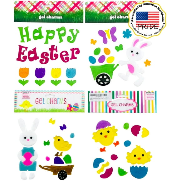 Spring Happy Easter Window Gel Clings: Bunnies Chicks Eggs Flowers Window Charms Decoration (Assortment 1)
