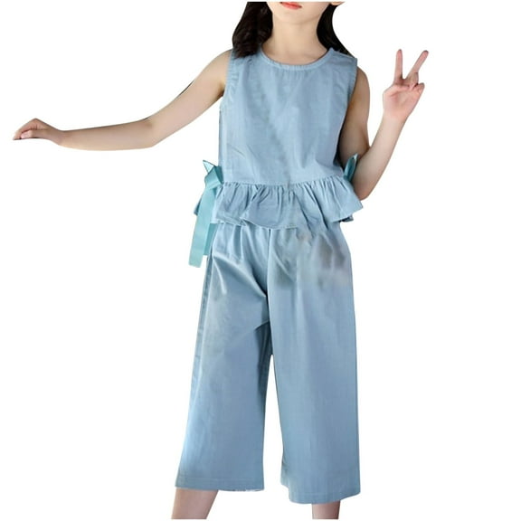 Darzheoy Summer Girls Outfits Casual Sleeveless Pleated Flounce Clothes Solid Color Round Neck Sets 2 Piece Tank Top And Pants ,Size 4-12 Years