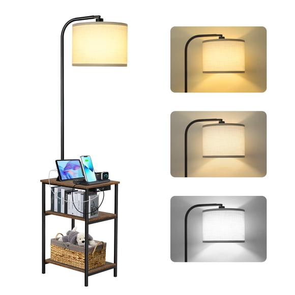 OUTONLIFE Lampe sur Pied avec Table pour Salon avec Station de Recharge USB et Type‐C, Lampe de Bout de Canapé avec Ampoule DEL à 3 Températures de Couleur pour Chambre, Brun