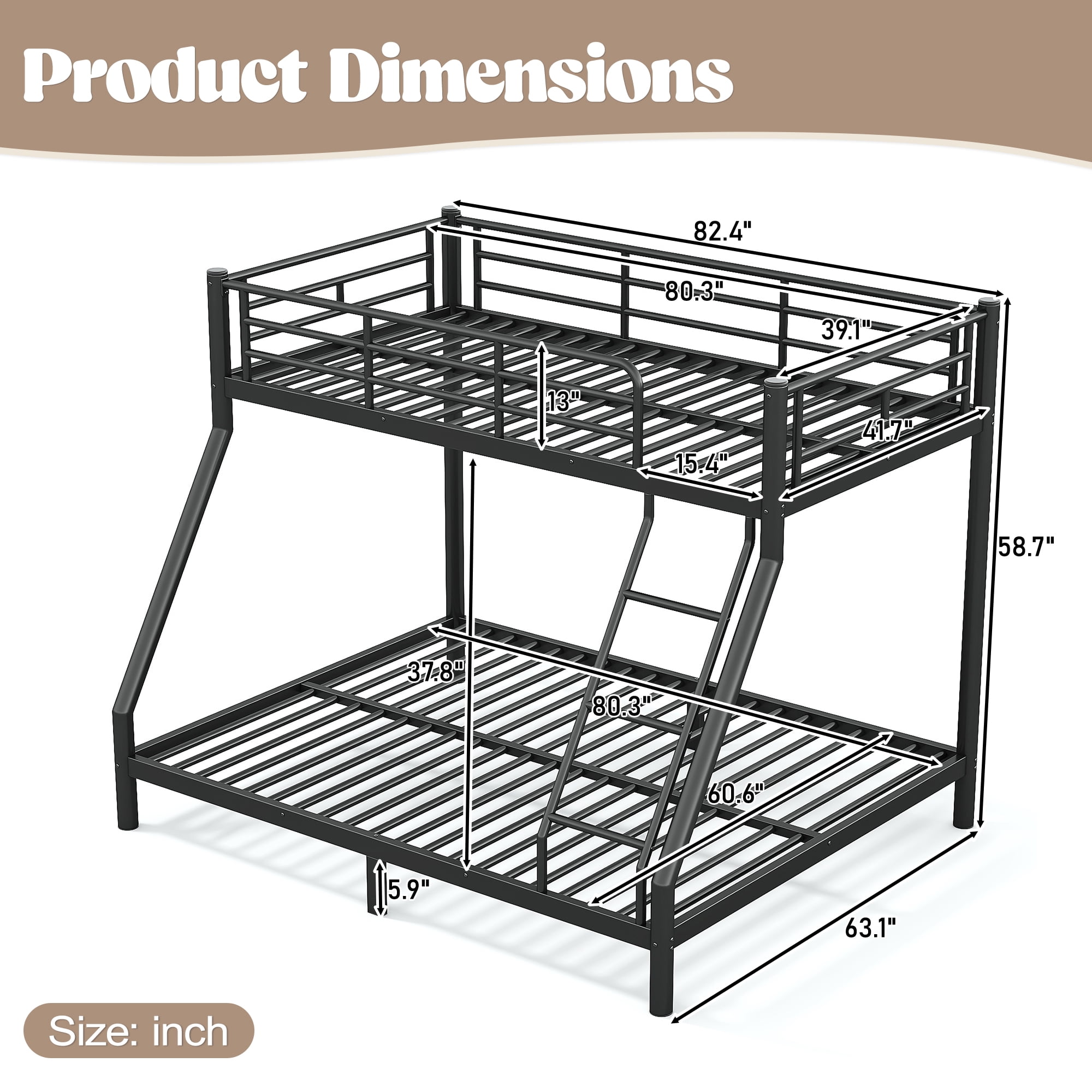 GARITIN Twin XL Over Queen Size Metal Bunk Bed 82.4 Inch, Bunk Bed Frame with Ladder and Guardrails for Teens Adults, Black
