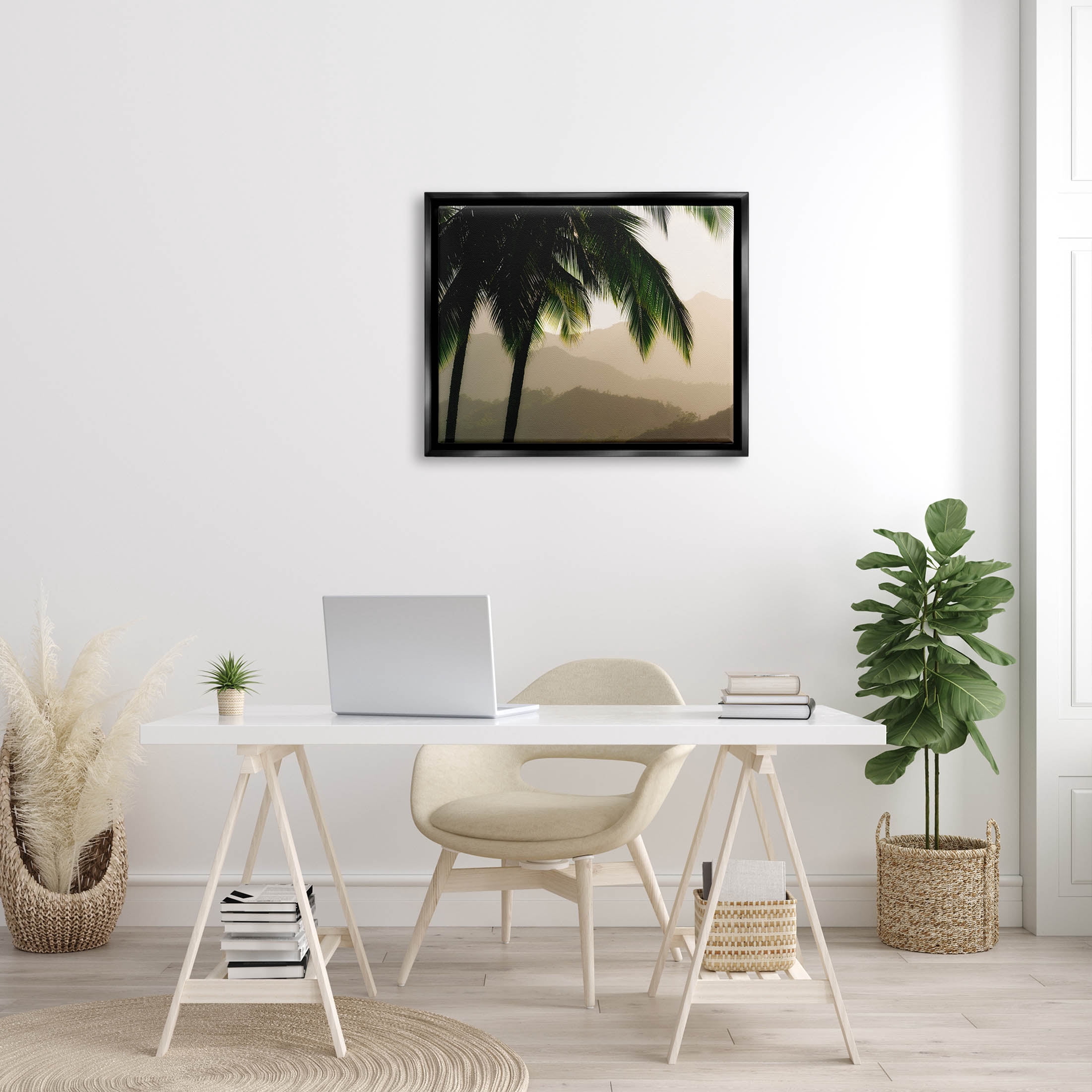 Stupell Industries Palm Trees At Sunrise Mountain Range Photograph Jet Black Floating Framed Canvas Print Wall Art, Design by Dennis Frates