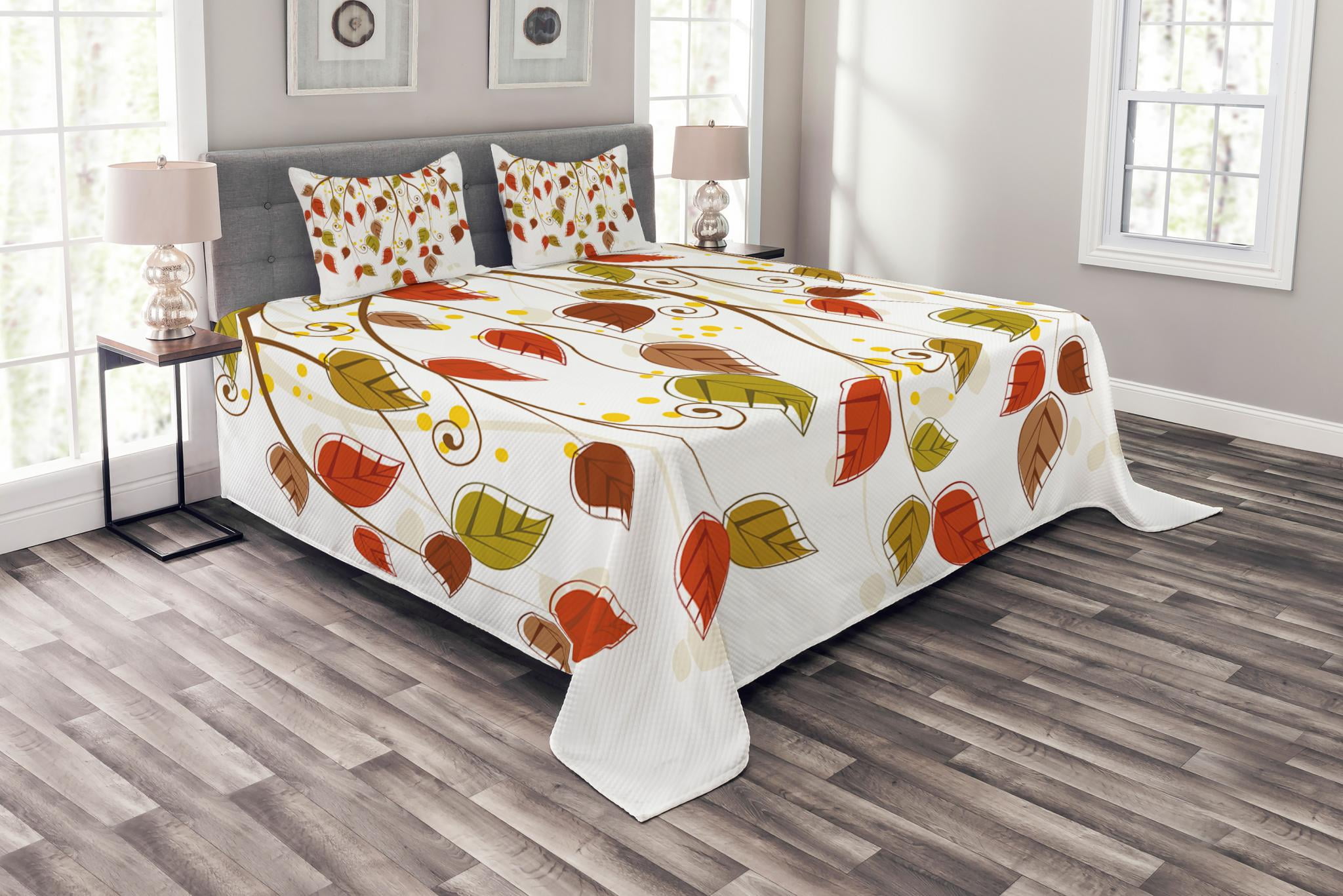 Autumn Bedspread Set King Size, Branches with Fall Leaves Seasonal