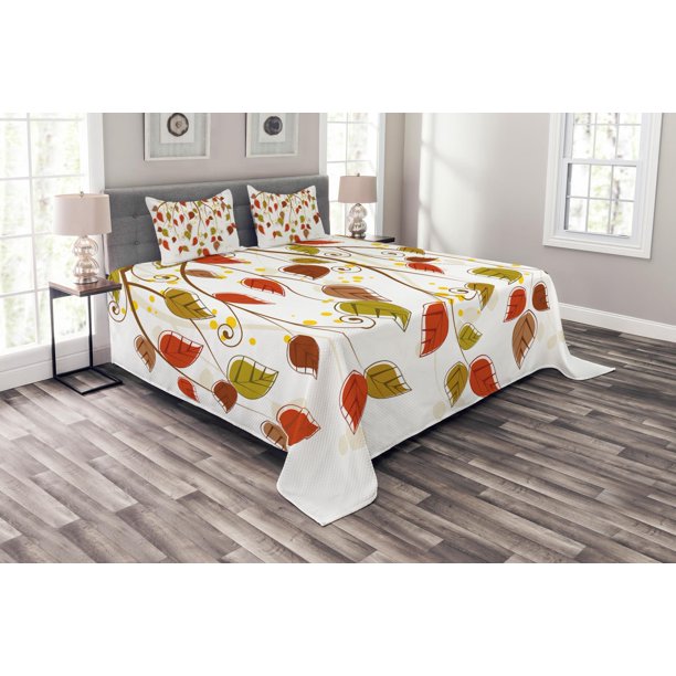 Autumn Bedspread Set King Size, Branches with Fall Leaves Seasonal