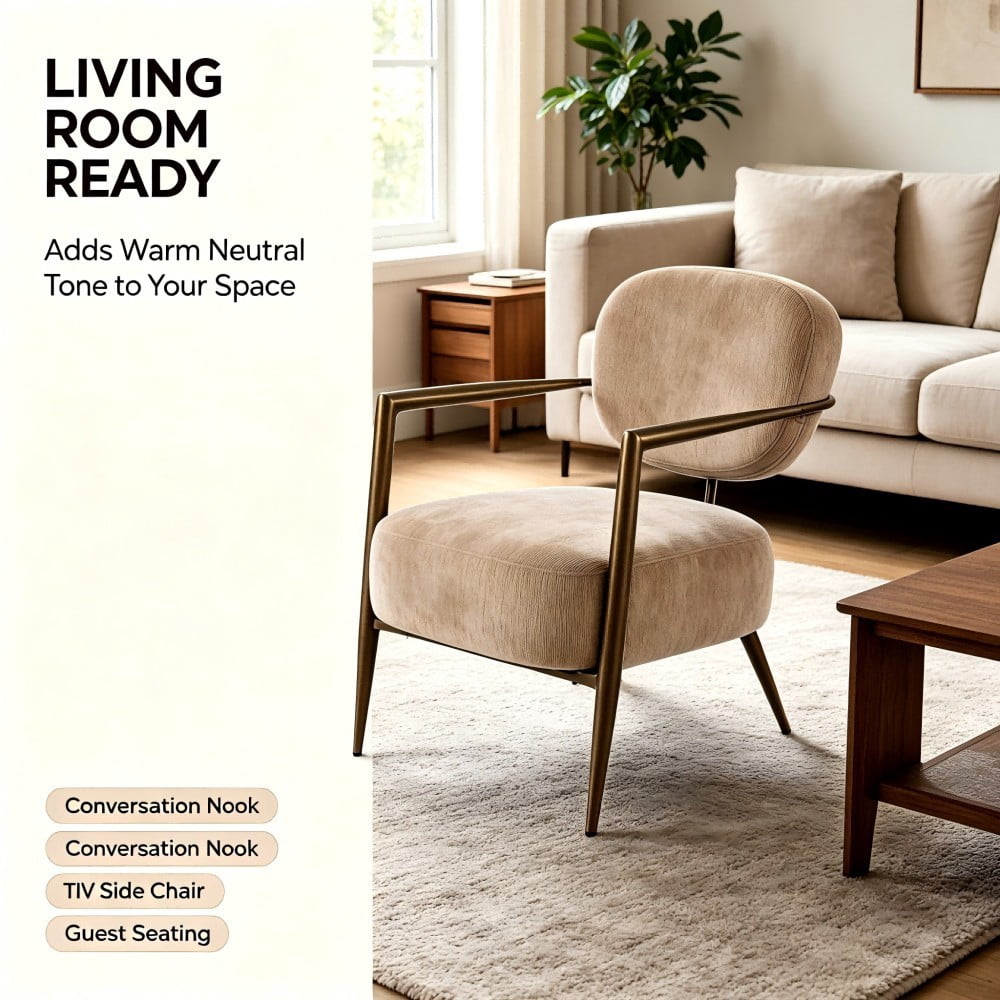 Accent Chair, Mid Century Modern Upholstered Lounge Chair with Metal Frame, Textured Fabric, Padded Seat & Back for Living Room, Bedroom & Office, Camel