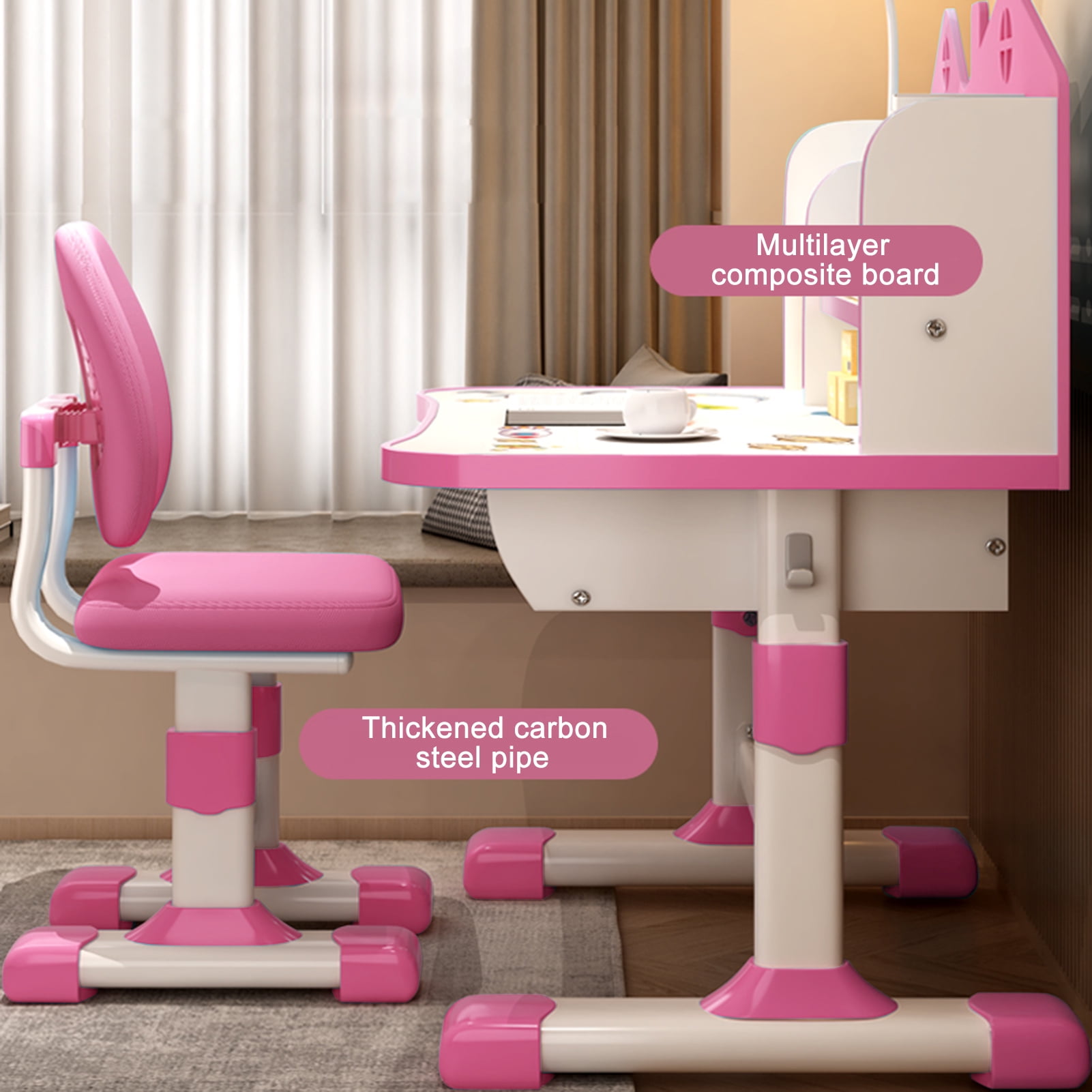 Aqzb 2 in 1 Kids Study Table and Chair Set - Adjustable Height Boys Girls School Study Table - with Large Writing Board, Drawer & Book Stand - Pink