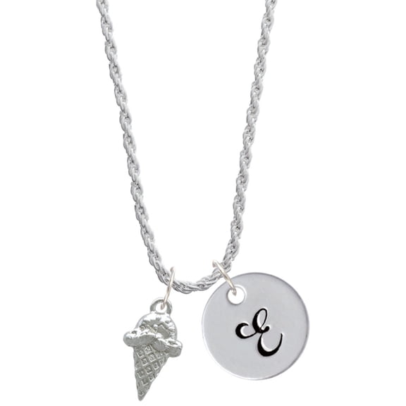 Delight Jewelry Silvertone Ice Cream Cone Silvertone Script Initial Disc - E - Charm Necklace, 20"+3"