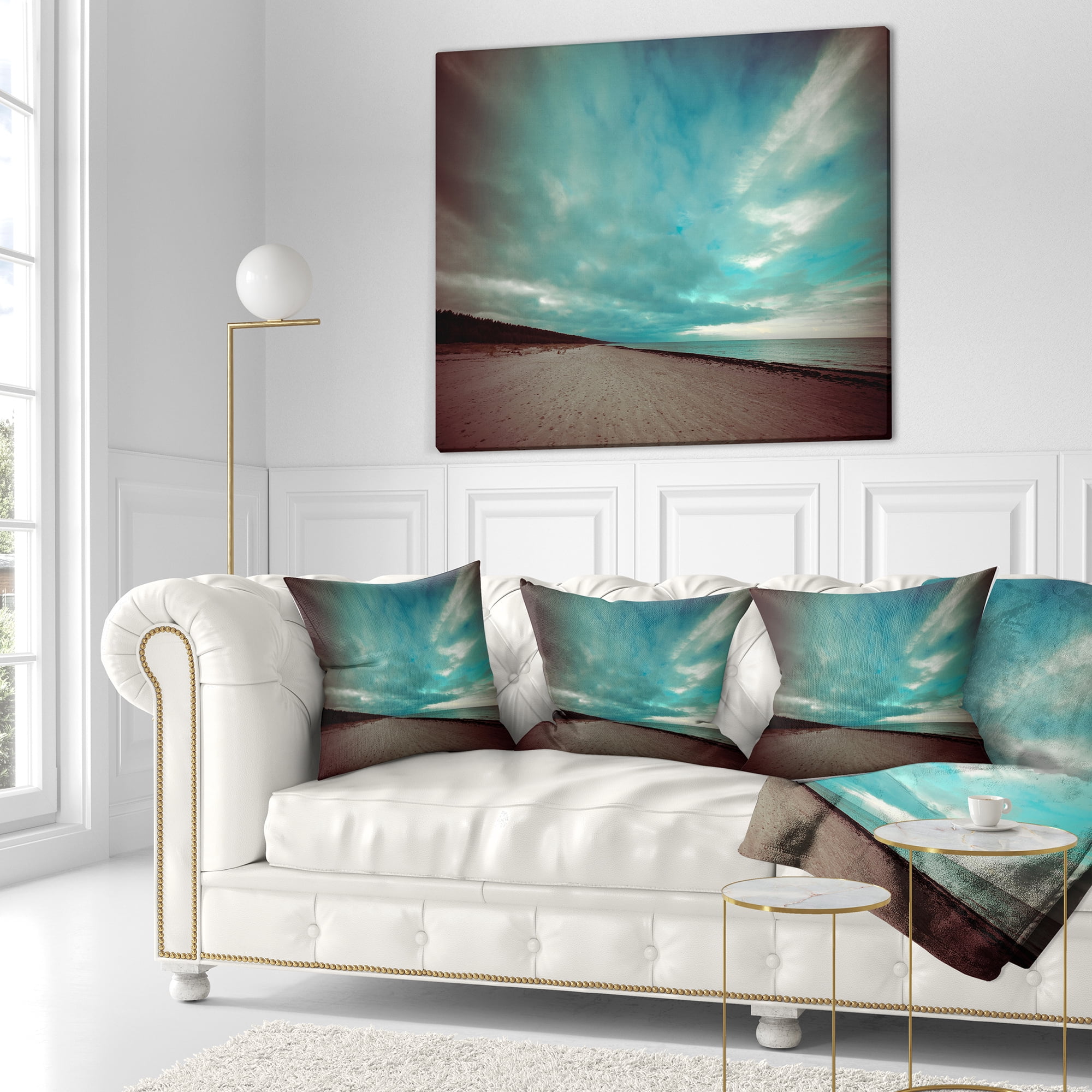 Designart Blue Baltic Beach in Fall with Clouds - Seashore Throw Pillow - 18x18