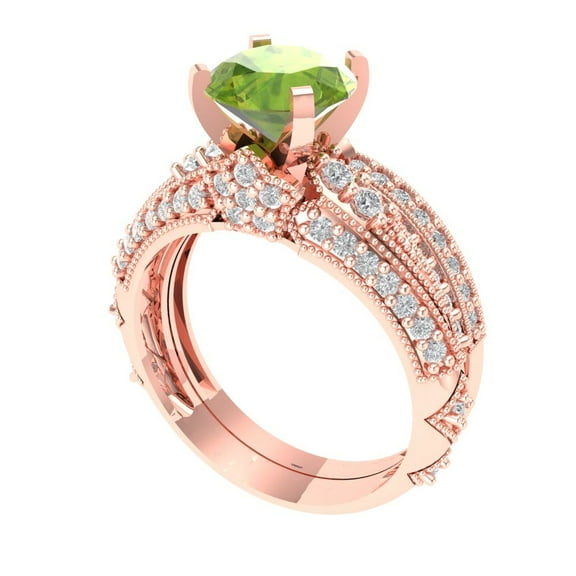 1.99 ct Brilliant Round Cut Natural Peridot 14k Rose Gold Solitaire with Accents Engagement Bridal Wedding Ring Band Set size 6.75