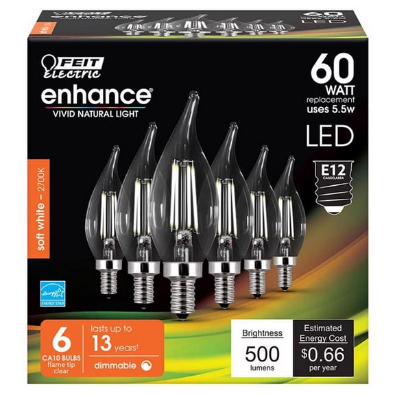 60 W Equivalent Soft White CA10 Dimmable Enhance Decorative Candelabra LED Light Bulb (6-Pack)