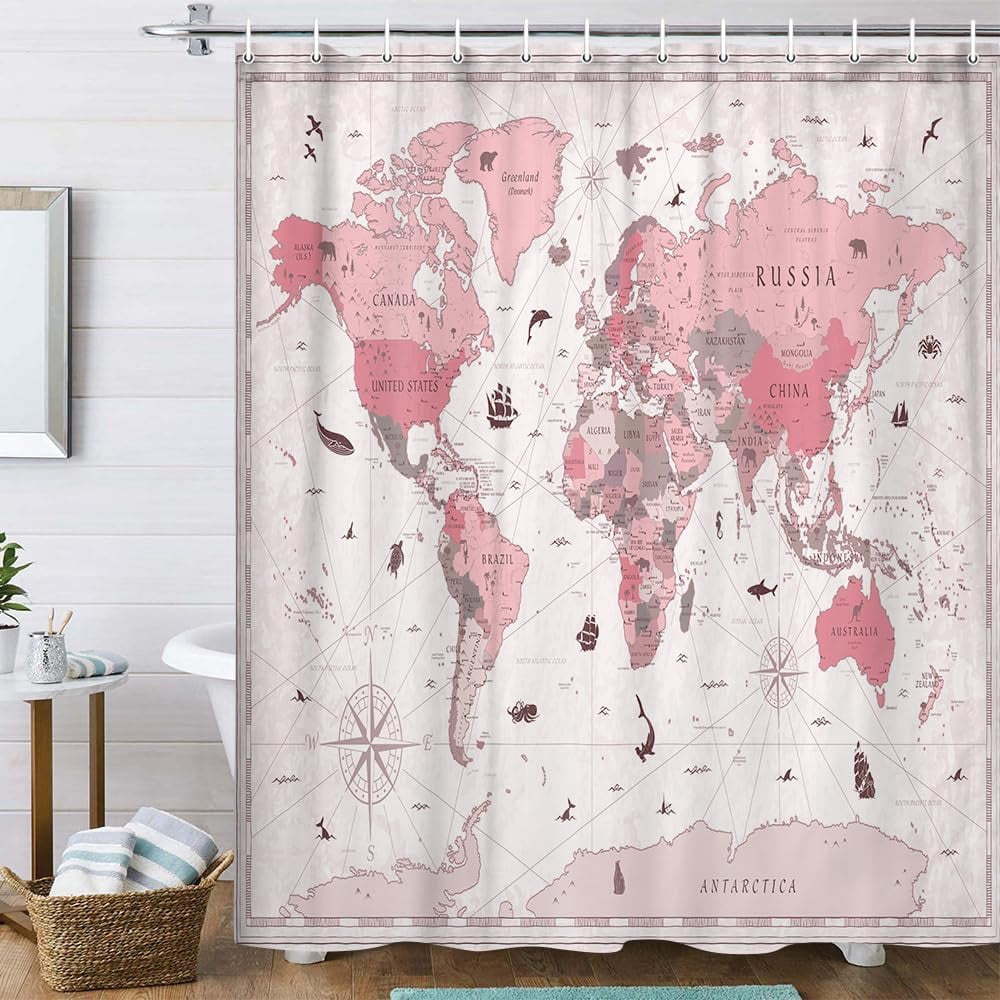 World Map Shower Curtain, Map of The World with National Educational Fabric Shower Curtains Set for Bathroom, Geography Educational Fabric Bathroom Shower Curtain with Hooks, 70X75IN（Pink）