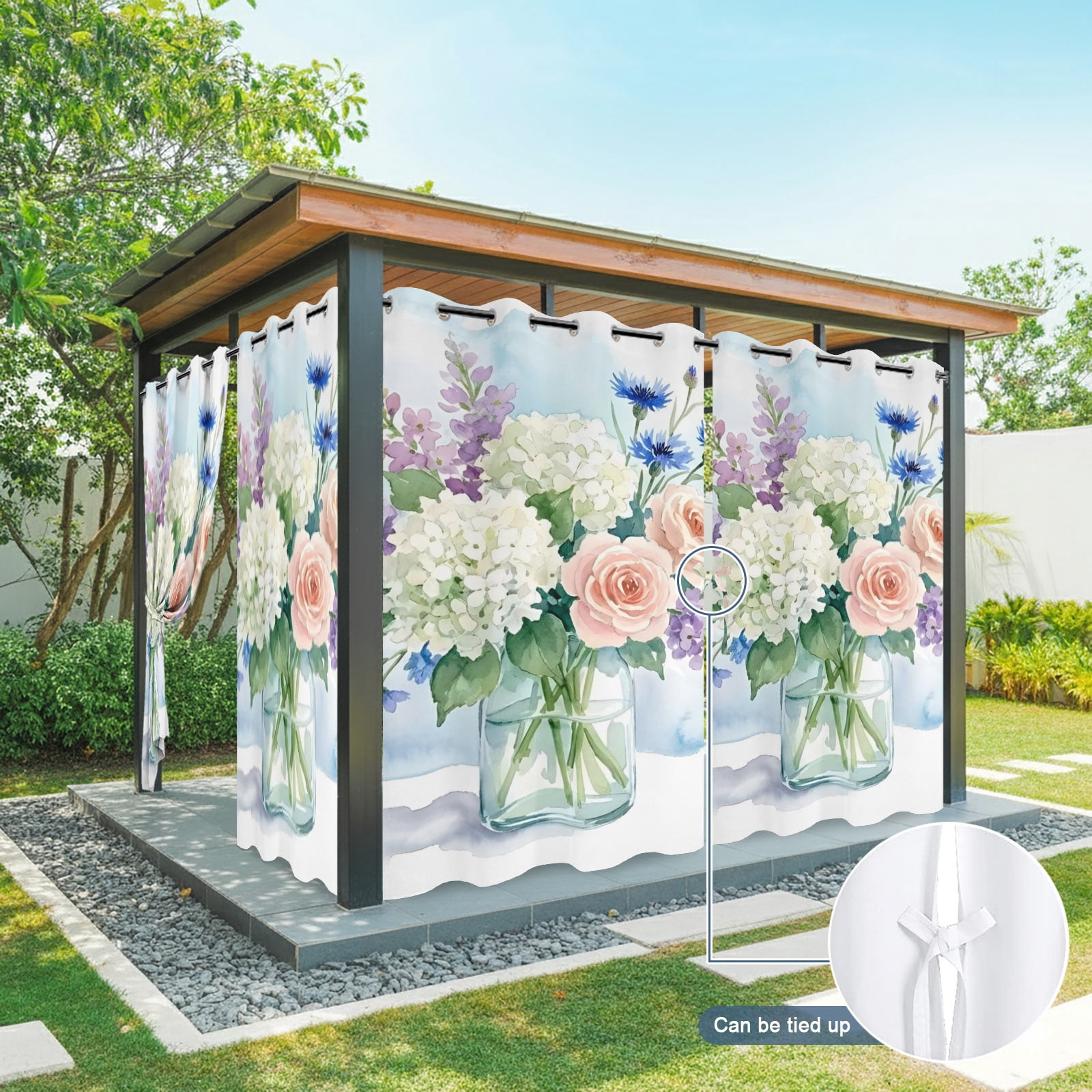 Hydrangea Flowers Lavender Rose Outdoor Curtains for Patio, Bouquet Farmhouse Sunshade Privacy Drapes Grommet Waterproof Outside Curtains for Porch/Cabana/Balcony 54"x 108", 1 Panel