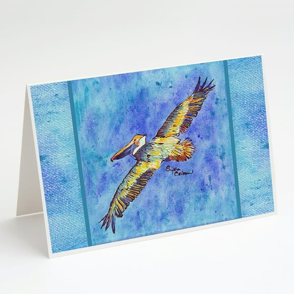 Pelican Fyling on Blue Greeting Cards and Envelopes Pack of 8