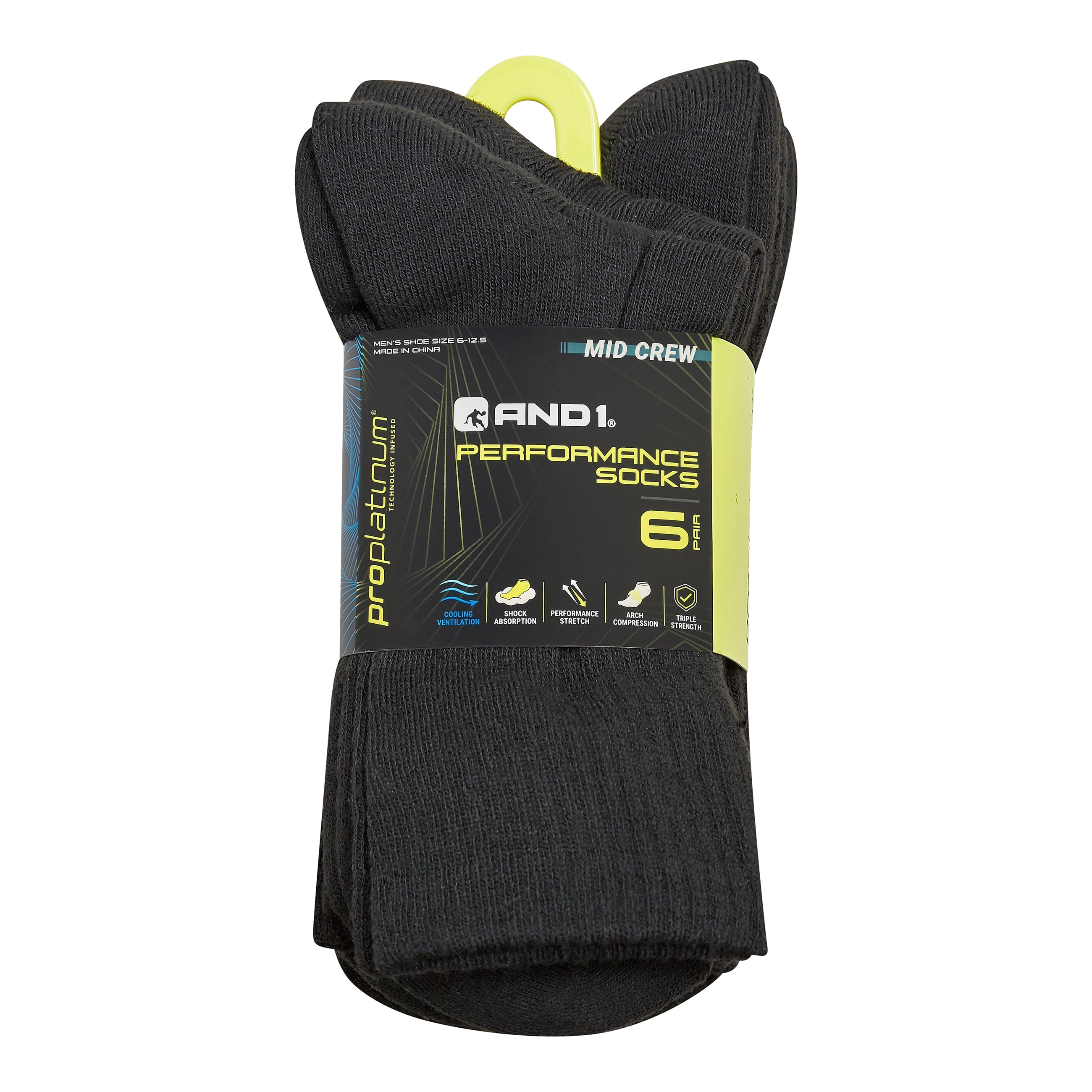 AND1 Men's Socks, Performance Cushion Mid Crew Socks 6-Pack