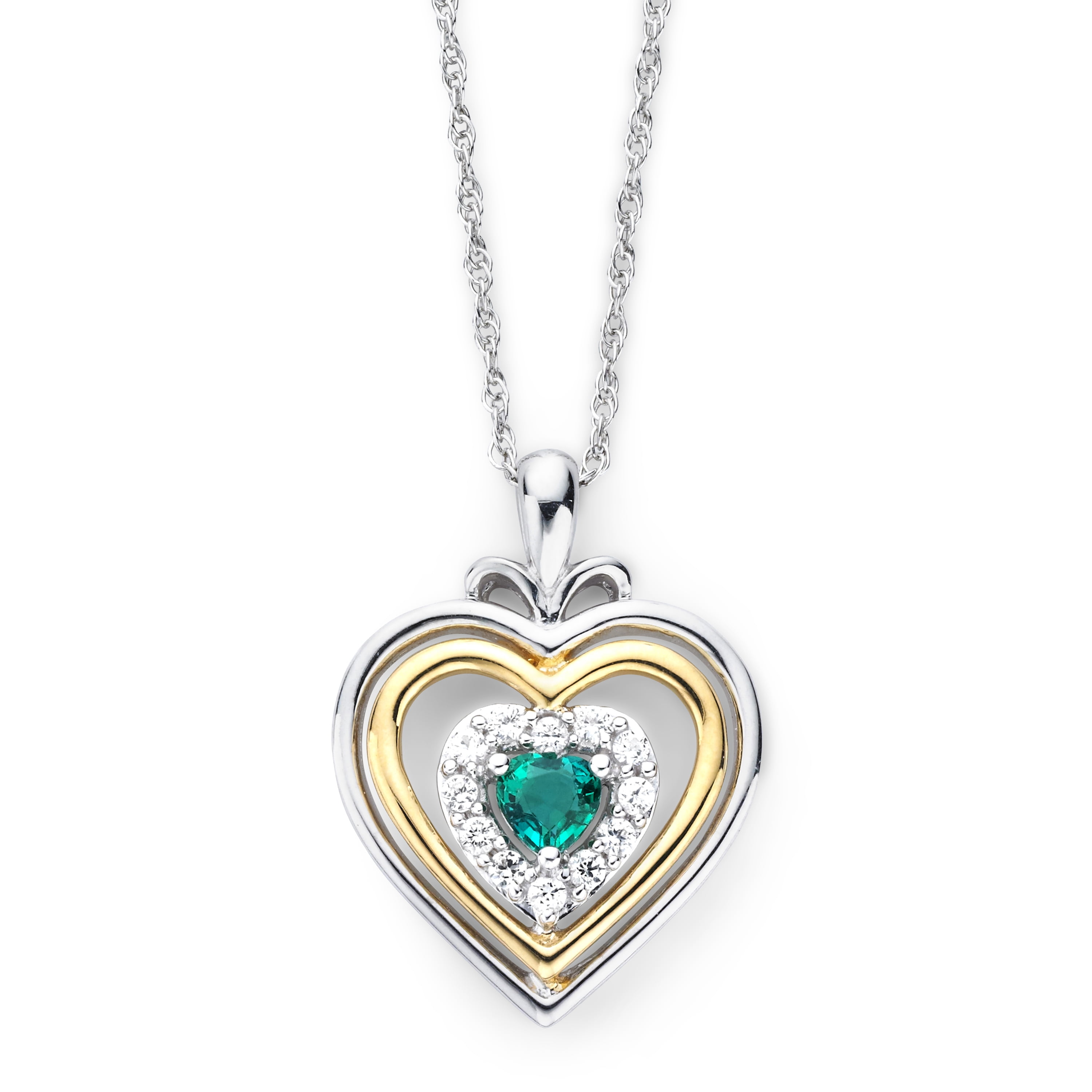 Brilliance 925 Sterling Silver with 14KY Gold Plated Created Emerald and Created White Sapphire Heart Pendant with 18" Chain
