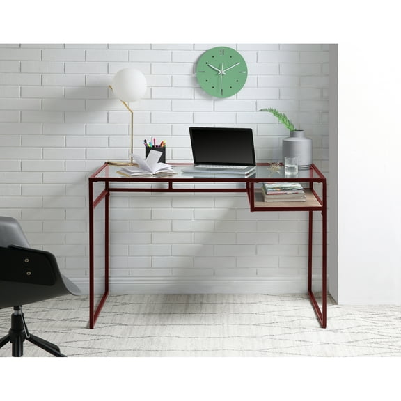 Red Glass Top Writing Desk with Metal Frame and Open Compartment Storage