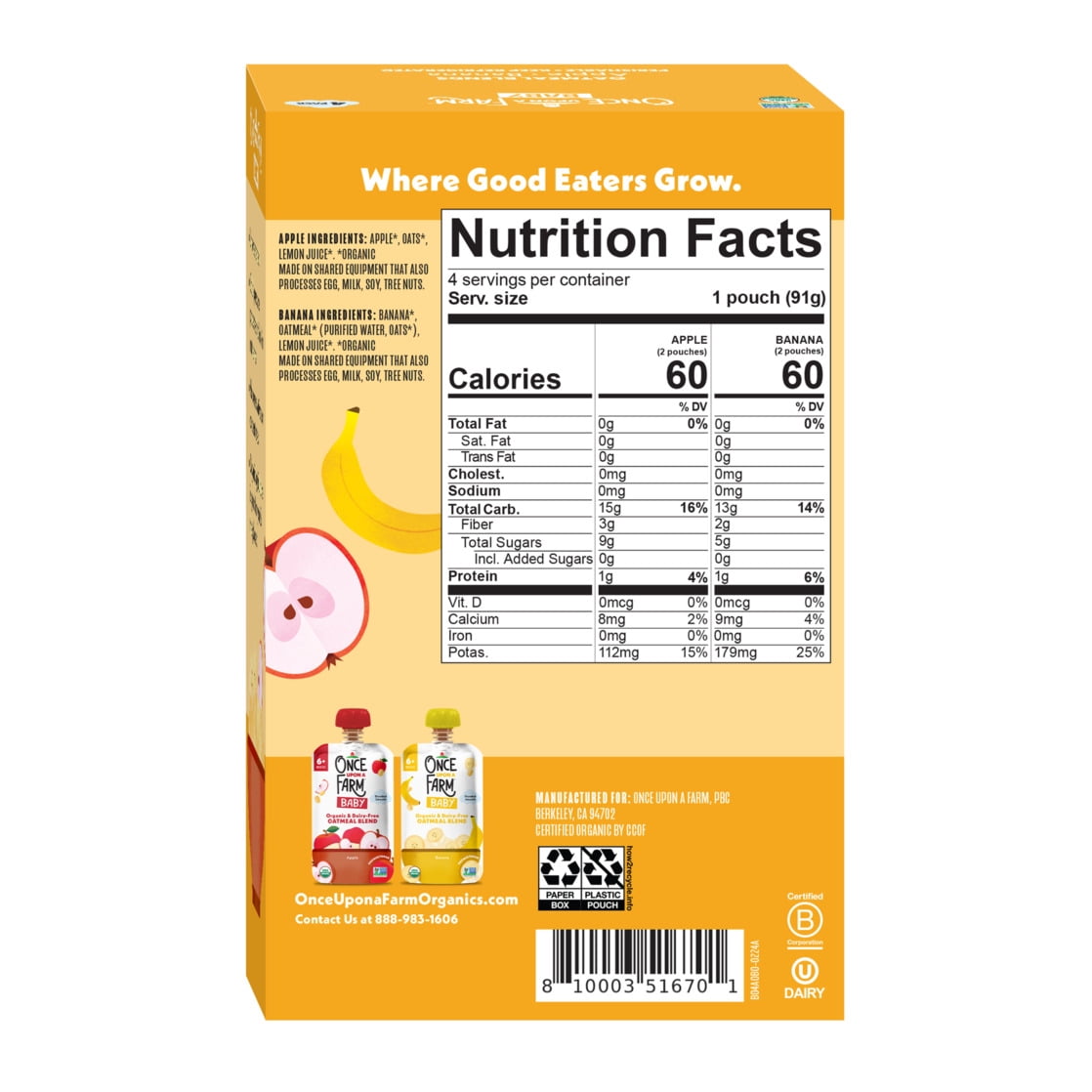 Once Upon a Farm Organic Refrigerated Baby Food Oatmeal Blends Variety Pack, 3.2oz Pouch (4 Pack)
