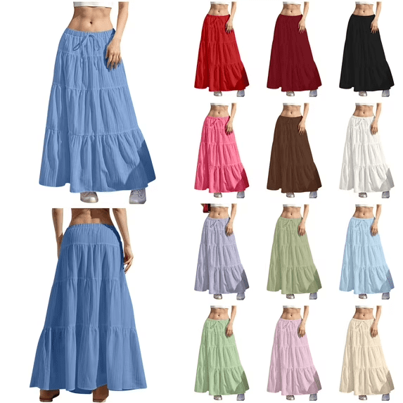 QATAINLAV Maxi Skirts for Women Drawstring High Waist Swing Tiered A-Line Long Skirt Solid Casual Pleated Boho Beach Vacation Outfits Green XXL