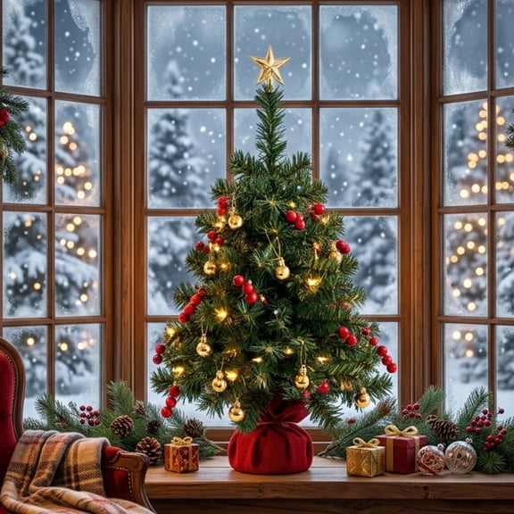 DAYBETTER 2ft Mini Artificial Christmas Tree, 71 Dense Tips & 35 Multi-Color Lights and Other Ornaments, Prelit Table Tree for DIY Christmas Decoration