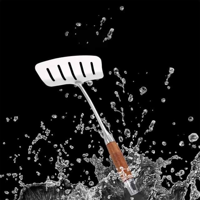 VBXOAE Large Stainless Steel Slotted Turner Spatula with Long Handle Wide Pizza Fish Turner Heat Resistant Kitchen Utensil for Cooking Flipping and Draining Oil Stable Easy to Clean Brushed Texture
