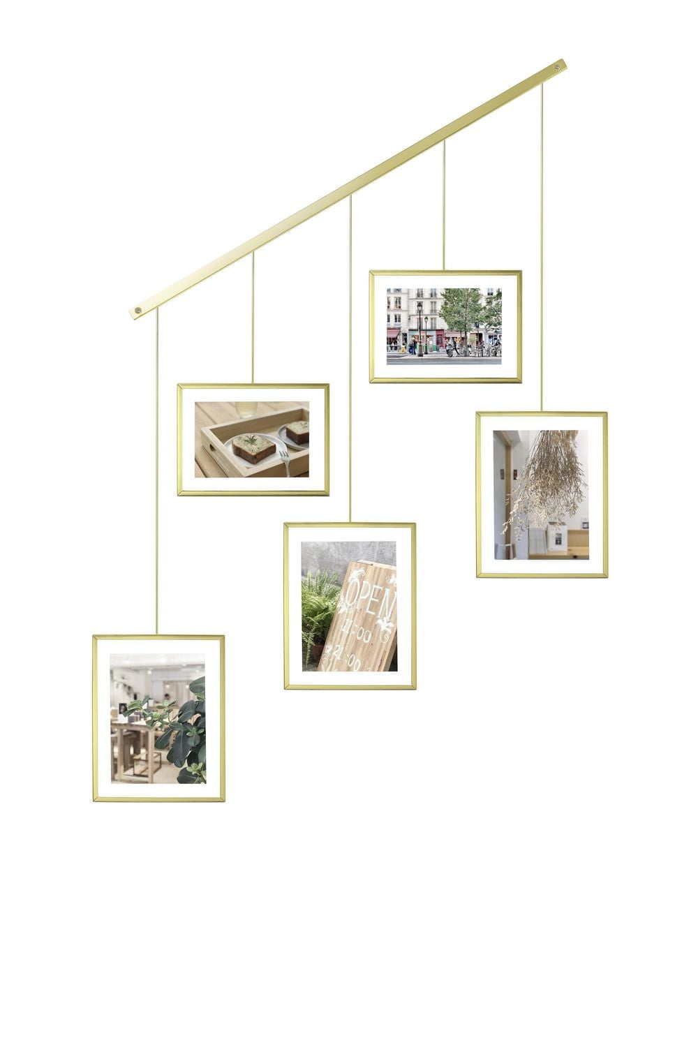 Umbra Exhibit. Porte Photos Mural Pour Suspendre 5 Cadres Portraits Ou Paysages : Deux 9X13 Et Trois 10X15Cm. Métal Doré.