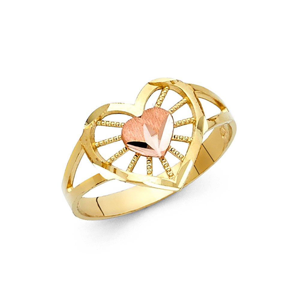 JewelryWeb - 14k Yellow Gold and White Gold Fancy Love Heart Ring Size ...